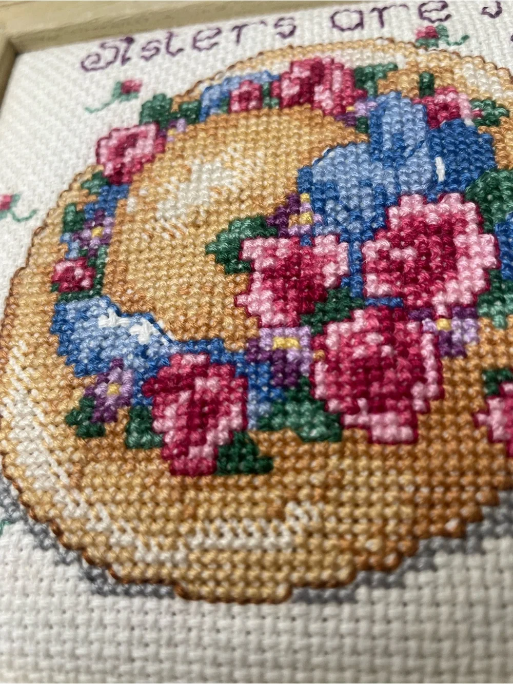 Framed Cross-Stitch Wall Art - Pink & Blue Floral Straw Hat “sisters” sentiment